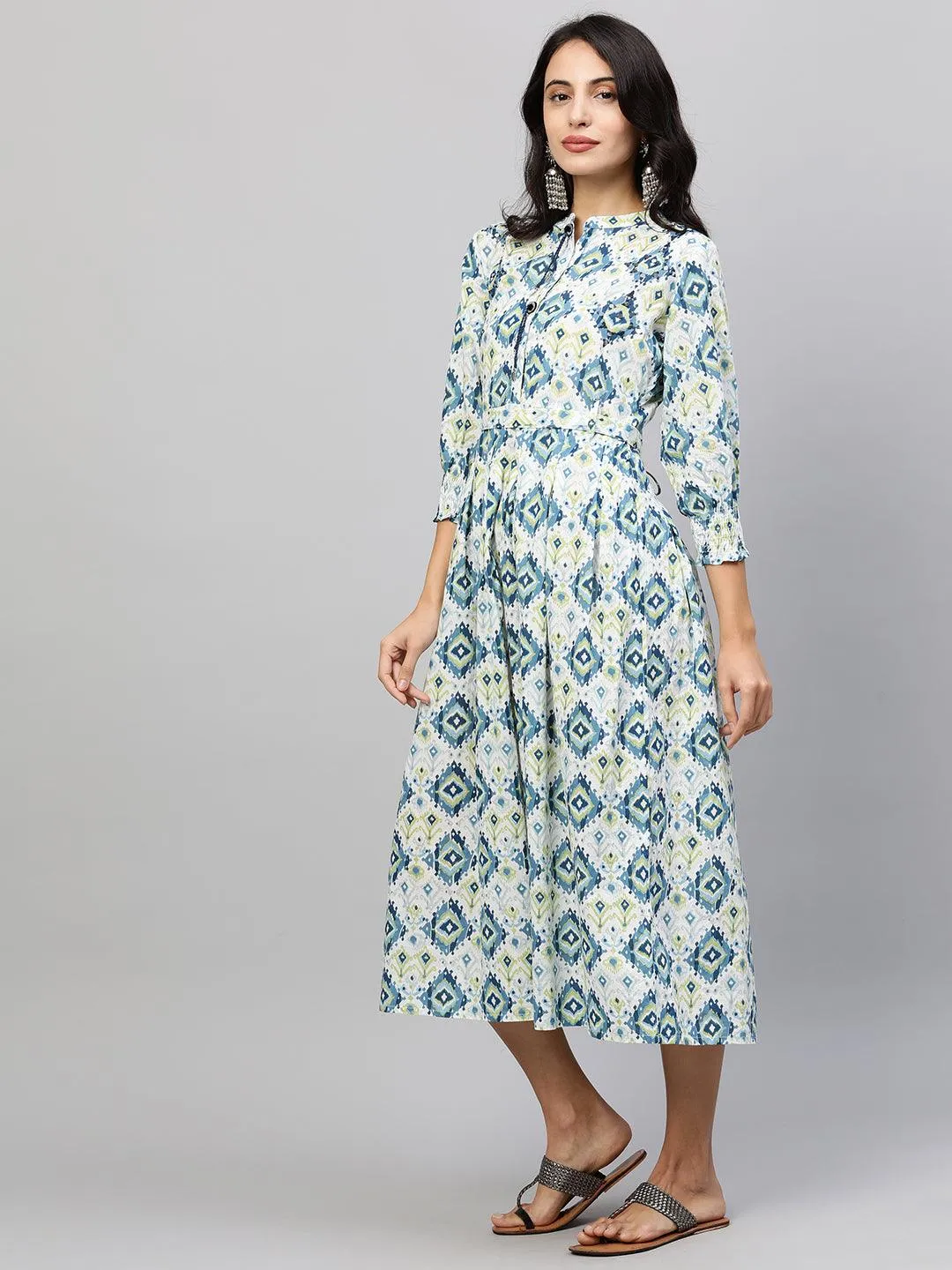 Ikat Printed Paneled Flare Maxi Dress with Fabric Belt - White