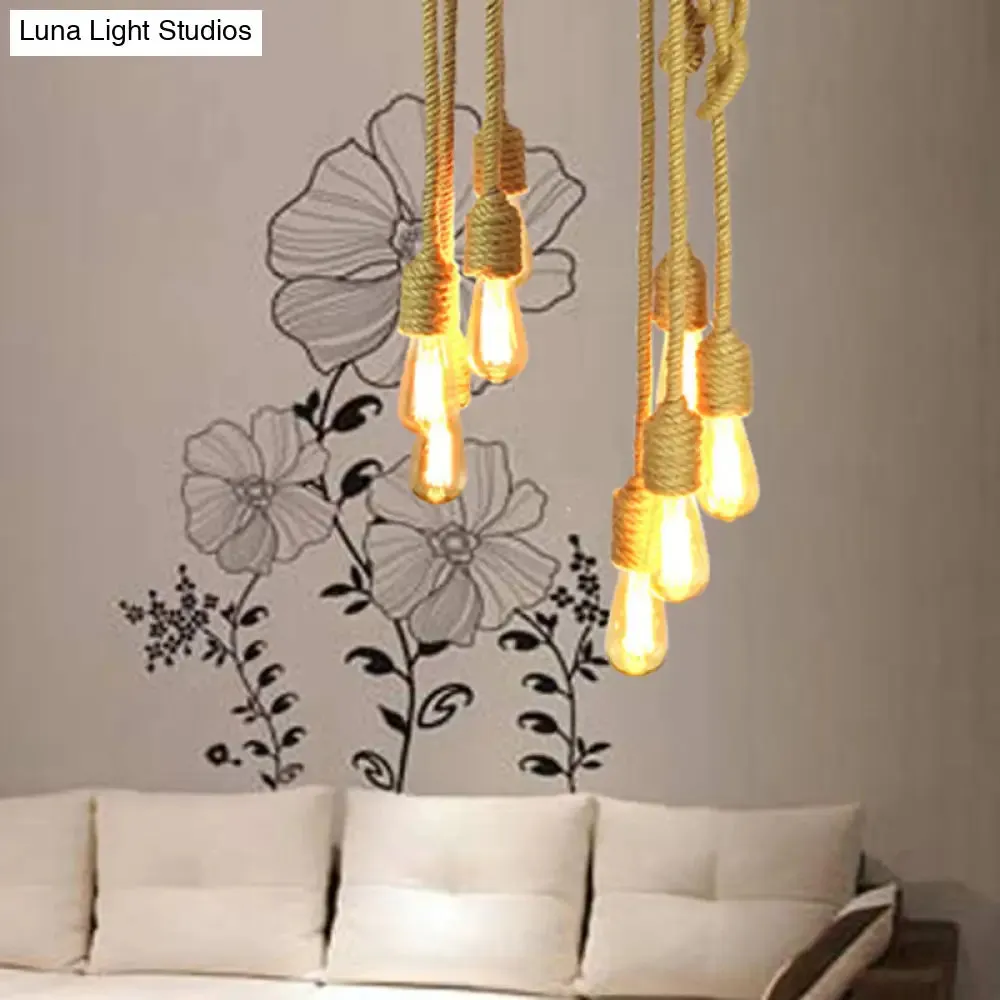 Industrial Bare Bulb Pendant Light - 4 Heads Rope Hanging Ceiling Lamp in Beige with Knots Design