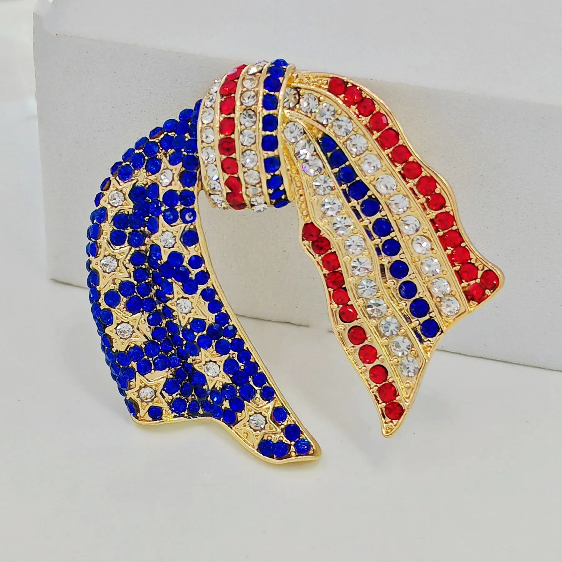 Jewelblings Vintage Blue and Red Crystal US Flag Patriotic Bowknot Brooch Pin Independent Patriotism American Memorial Election Day Jewelry