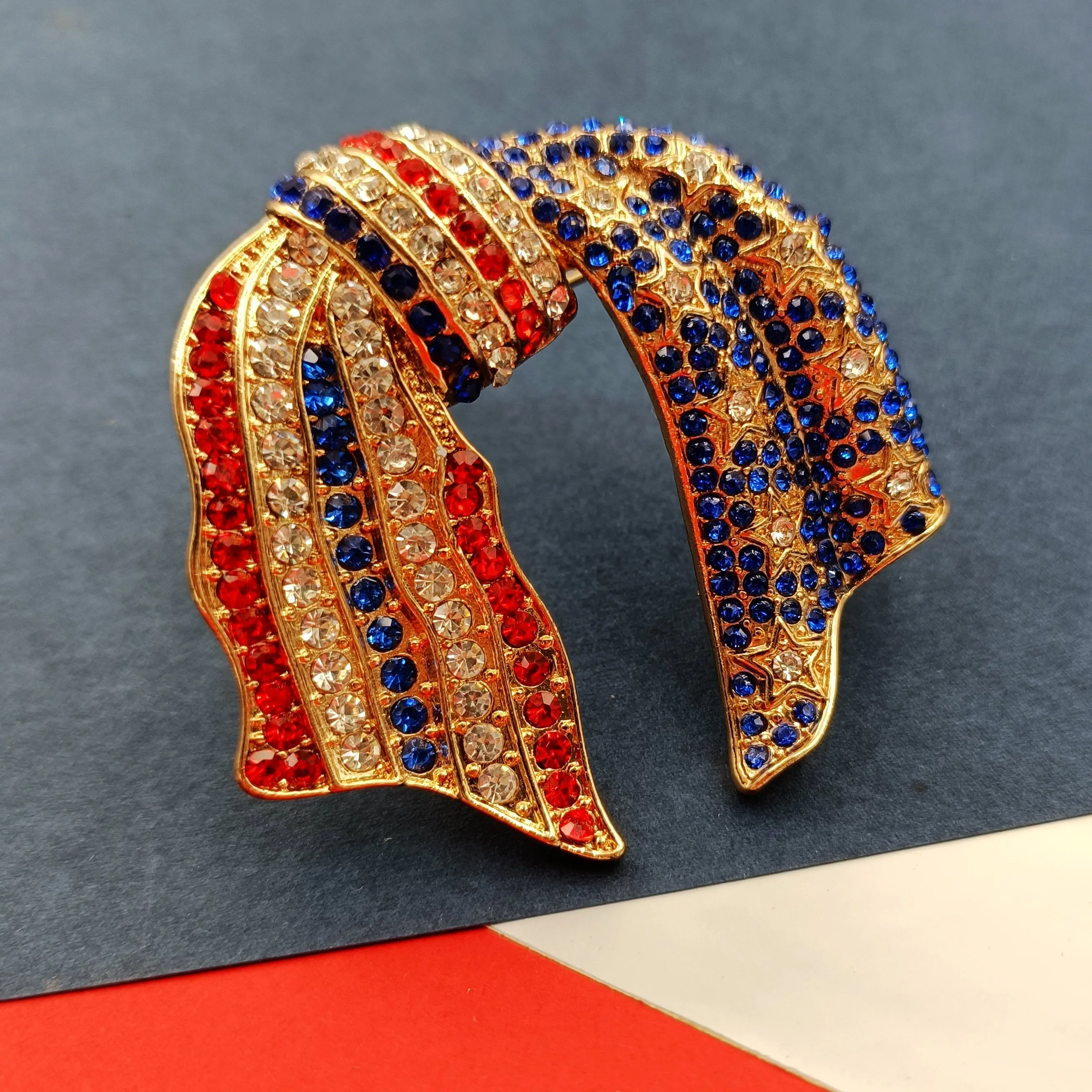 Jewelblings Vintage Blue and Red Crystal US Flag Patriotic Bowknot Brooch Pin Independent Patriotism American Memorial Election Day Jewelry