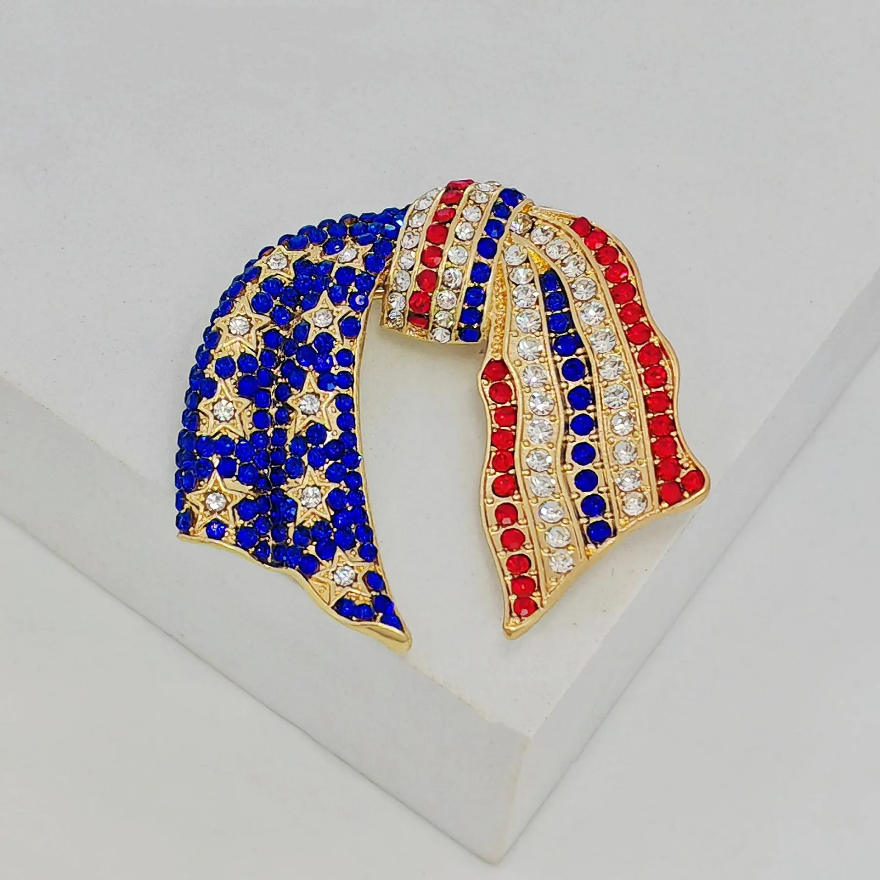 Jewelblings Vintage Blue and Red Crystal US Flag Patriotic Bowknot Brooch Pin Independent Patriotism American Memorial Election Day Jewelry