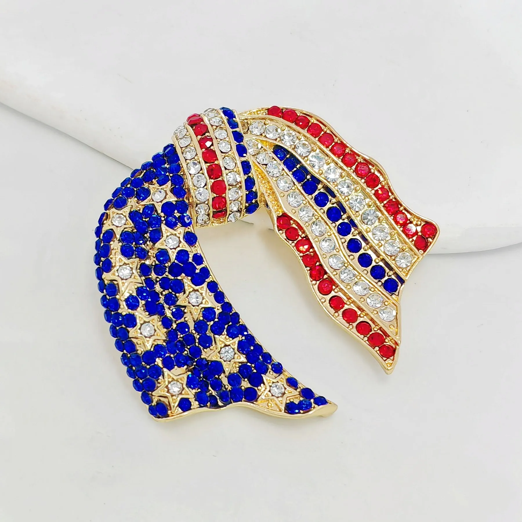 Jewelblings Vintage Blue and Red Crystal US Flag Patriotic Bowknot Brooch Pin Independent Patriotism American Memorial Election Day Jewelry