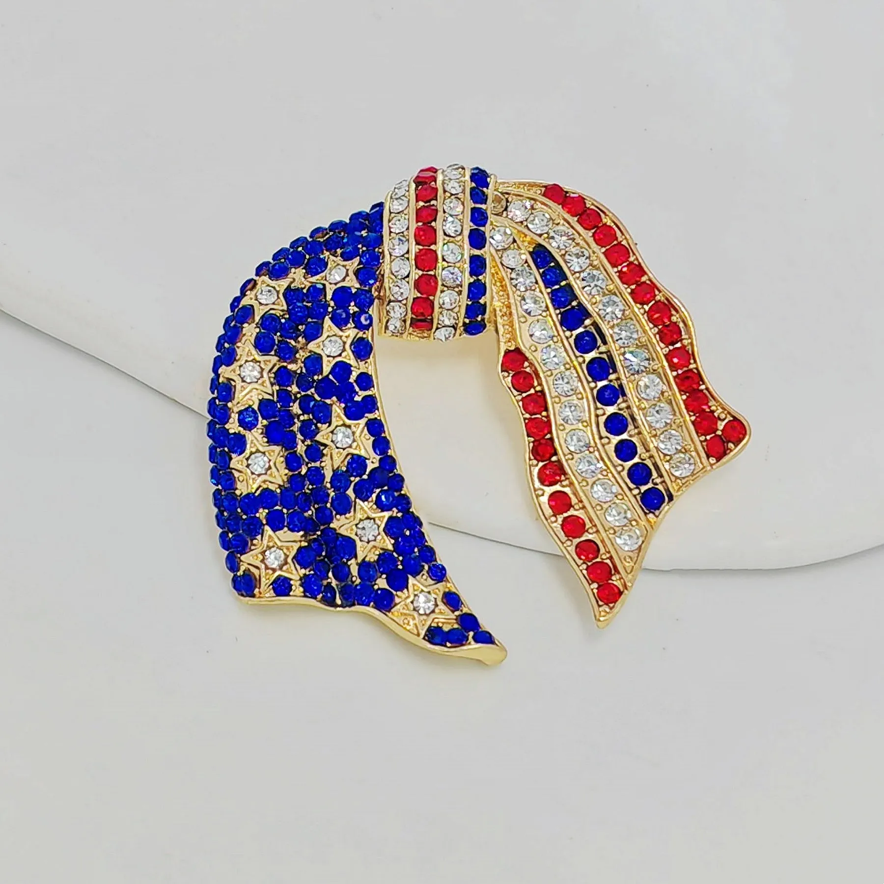 Jewelblings Vintage Blue and Red Crystal US Flag Patriotic Bowknot Brooch Pin Independent Patriotism American Memorial Election Day Jewelry