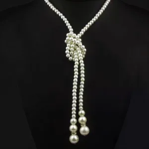 Long Knotted Pearl Bead Two Tassel Necklace