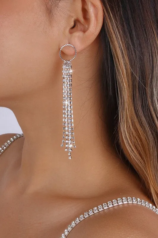 Long Tassel Round Rhinestone Dangle Earrings - Gold or Silver