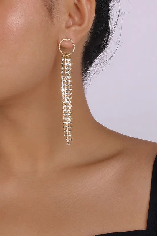 Long Tassel Round Rhinestone Dangle Earrings - Gold or Silver