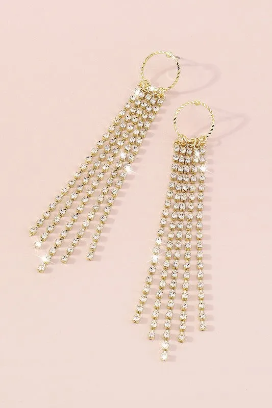 Long Tassel Round Rhinestone Dangle Earrings - Gold or Silver