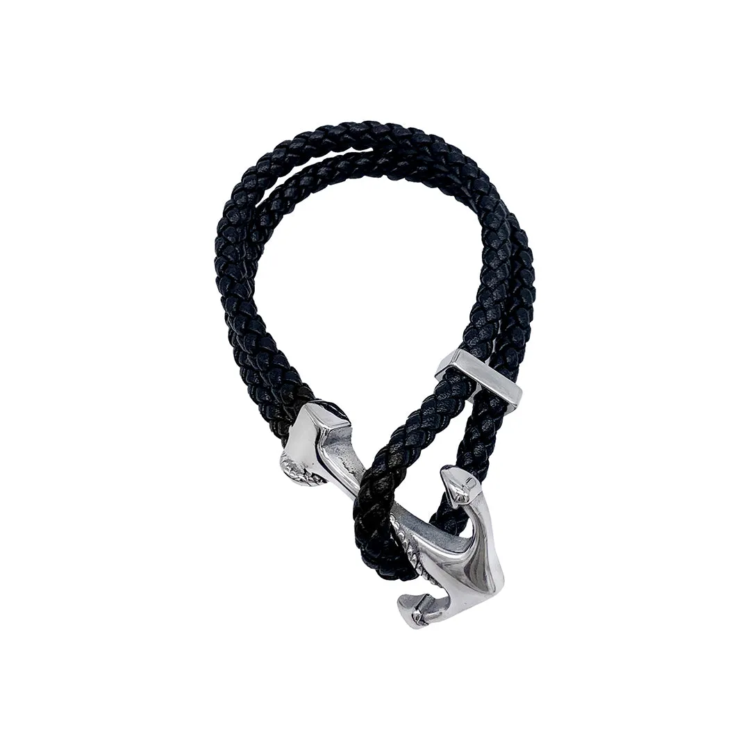 Men's Tarnish Resistant Rhodium Plated Leather and Anchor Hook Bracelet