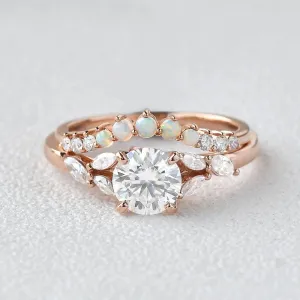 Moissanite & Opal Rose Gold Ring Set 2pcs