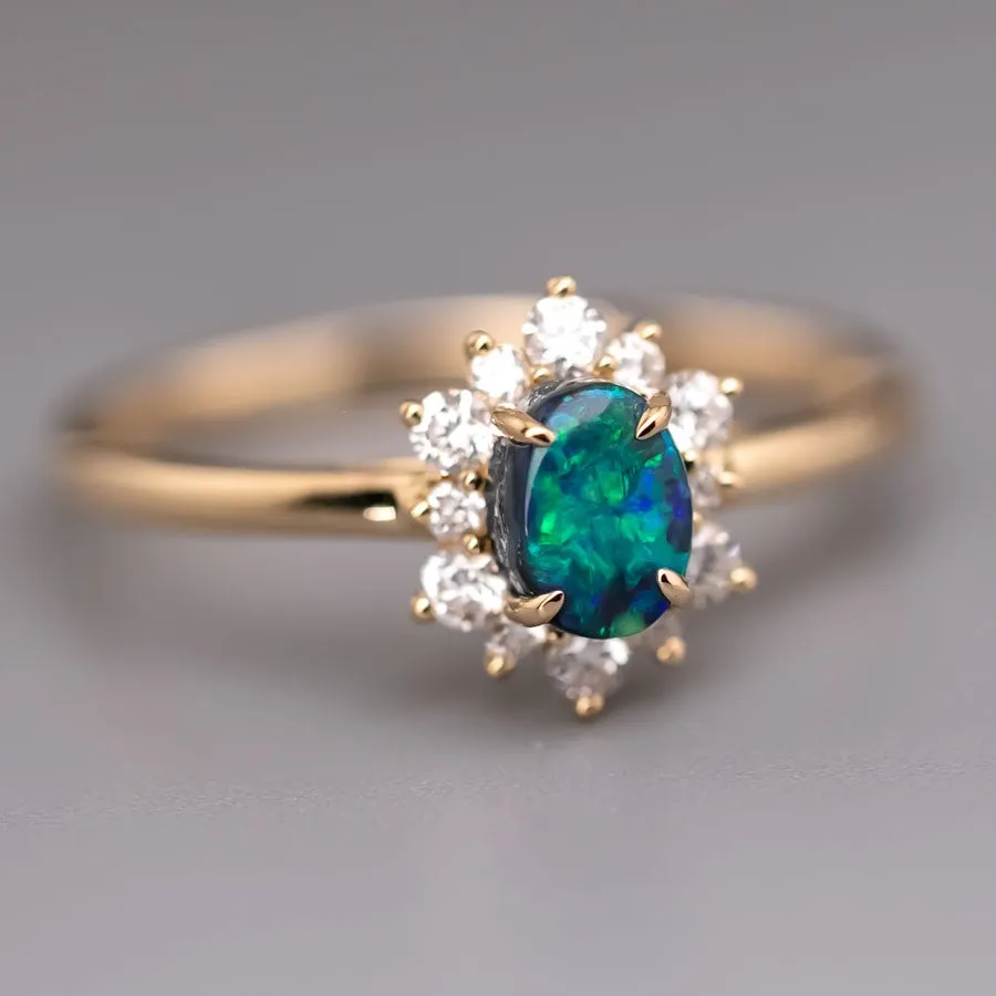 N1 Black Opal & Diamond Engagement Wedding Ring 18K Yellow Gold