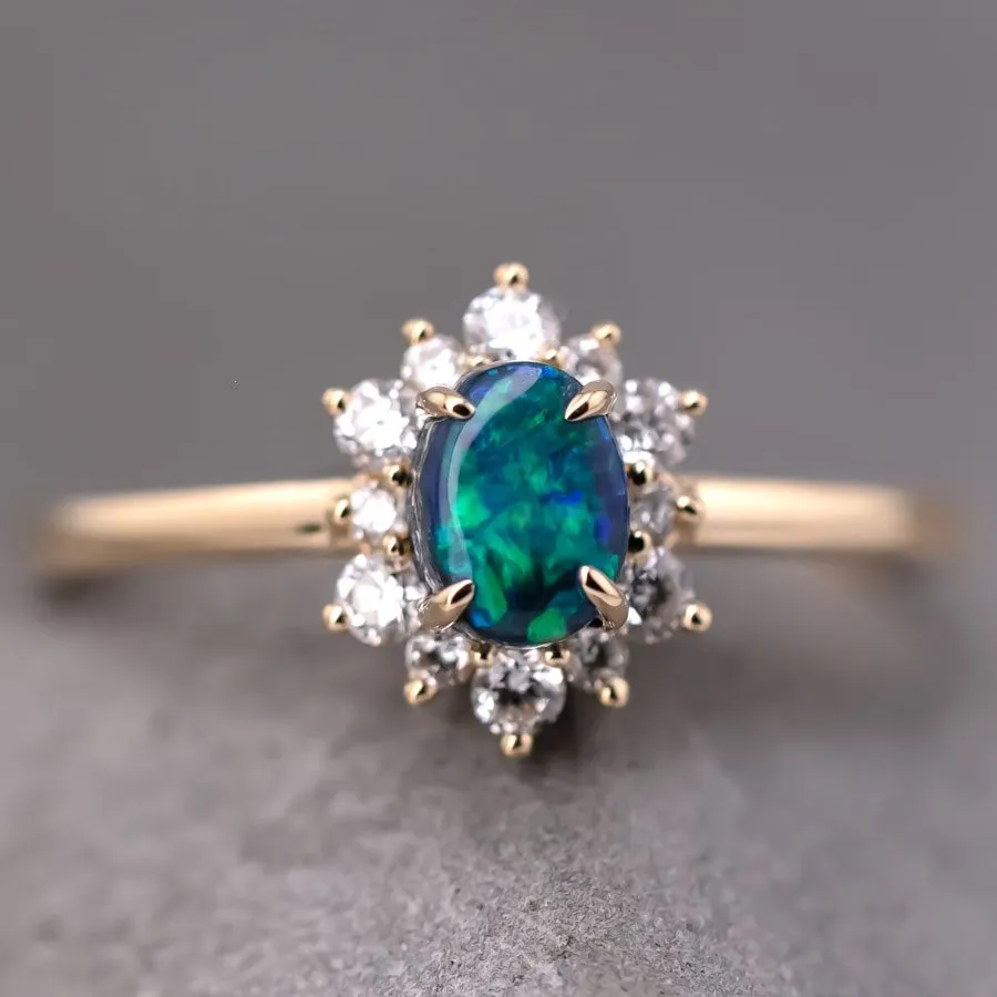 N1 Black Opal & Diamond Engagement Wedding Ring 18K Yellow Gold