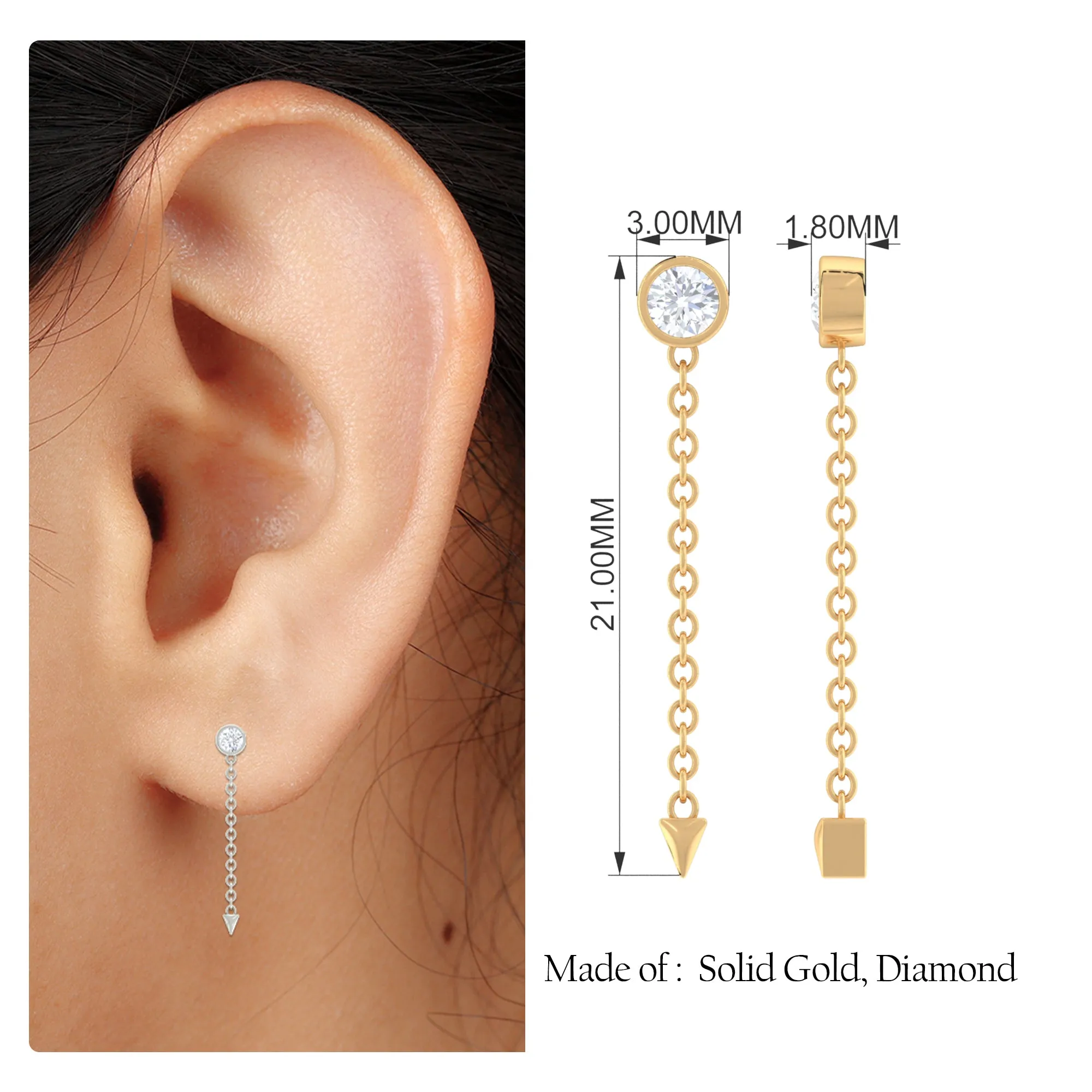 Natural Diamond Chain Drop Earring for Helix Piercing