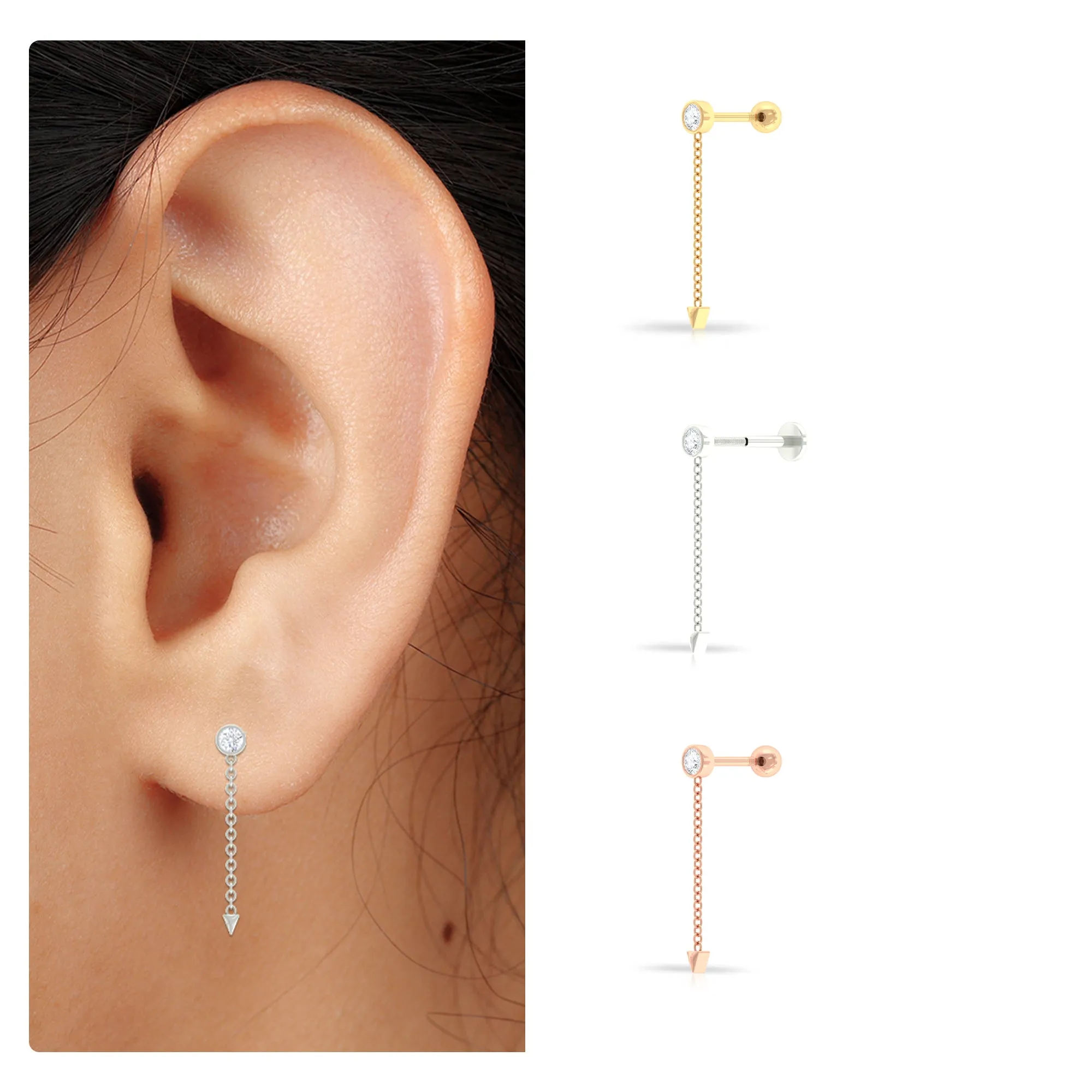 Natural Diamond Chain Drop Earring for Helix Piercing