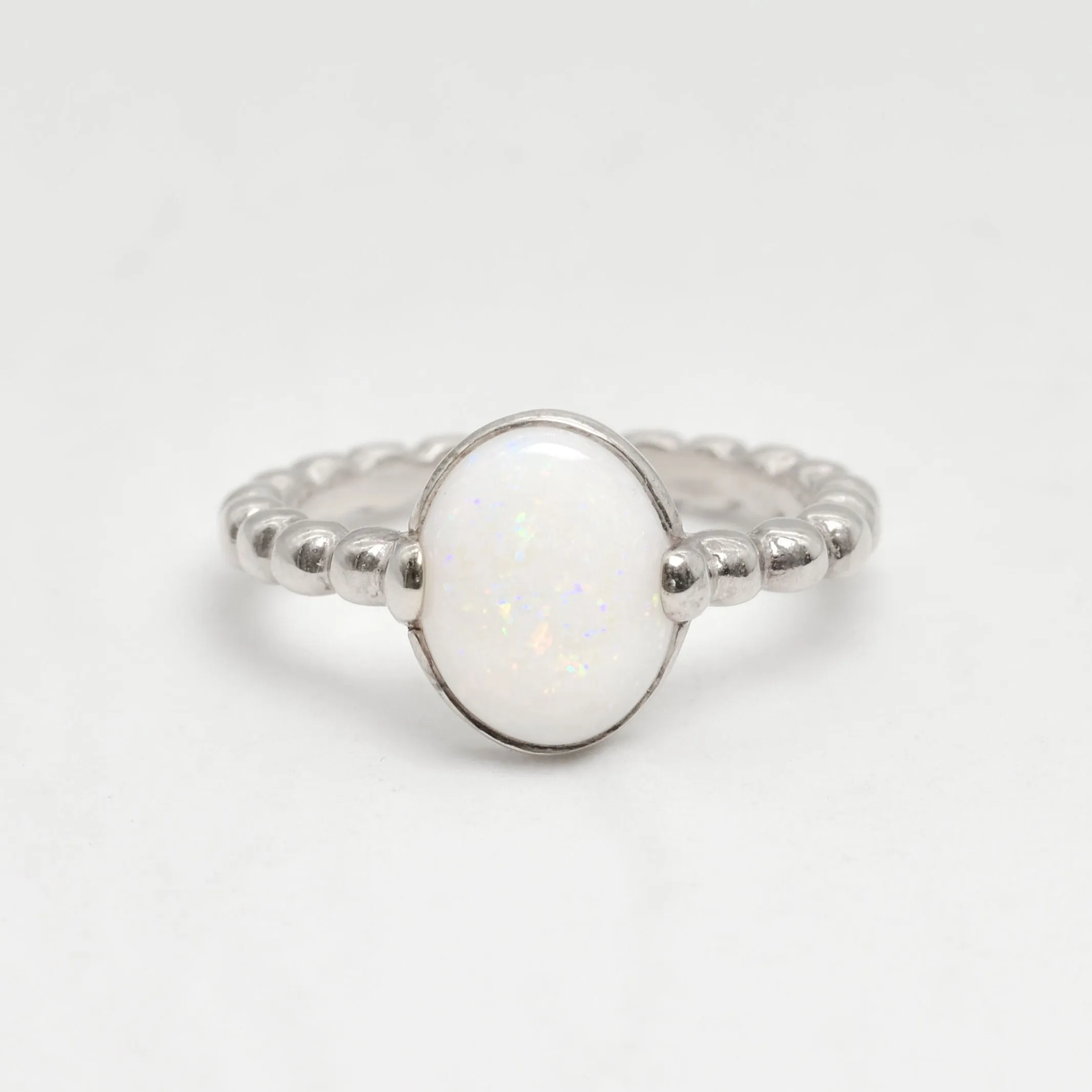 Natural Opal Ring - White Vintage Ring - Silver Bubble Band