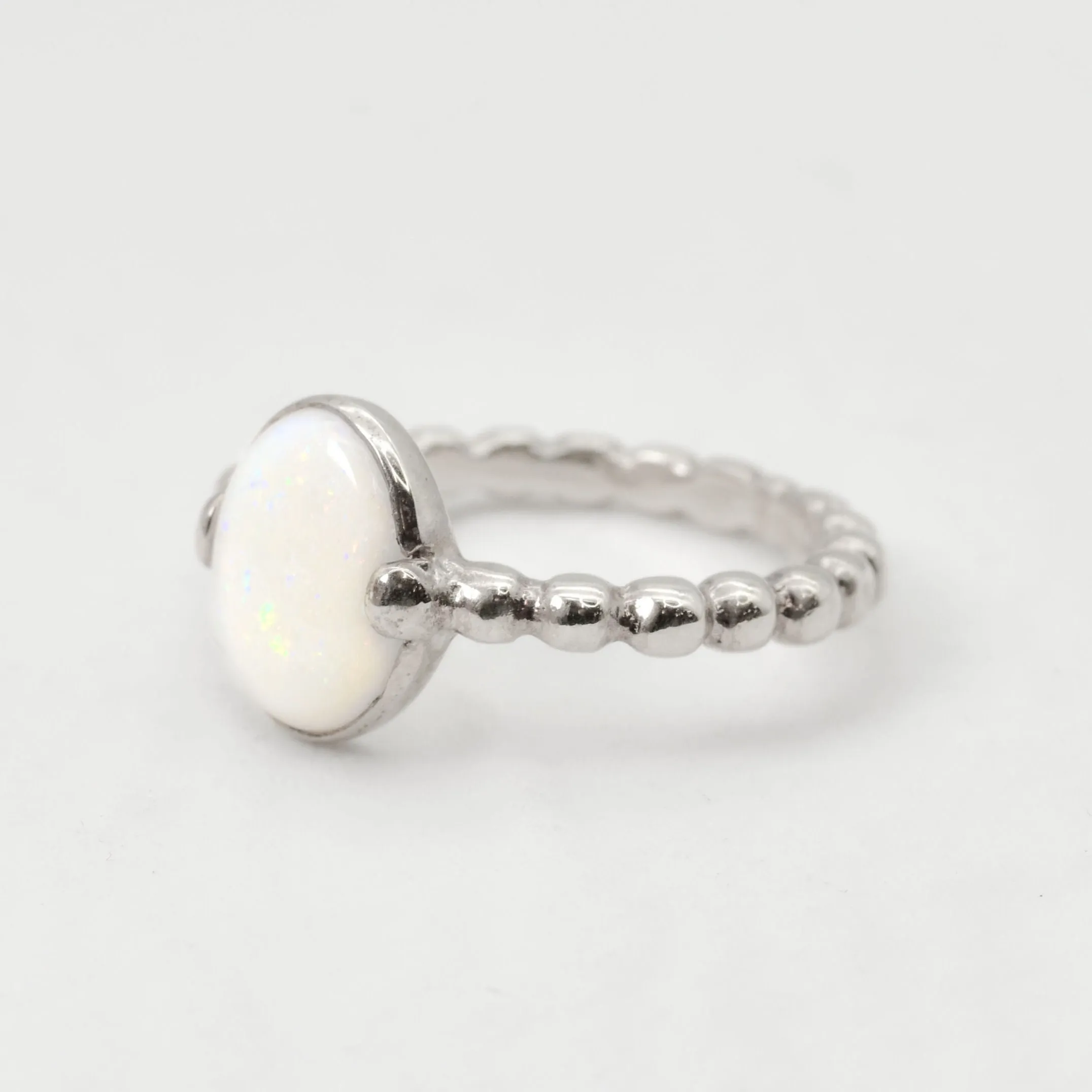 Natural Opal Ring - White Vintage Ring - Silver Bubble Band