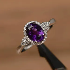 Natural Oval Cut Amethyst Halo Engagement Rings - 925 Sterling Silver Rings