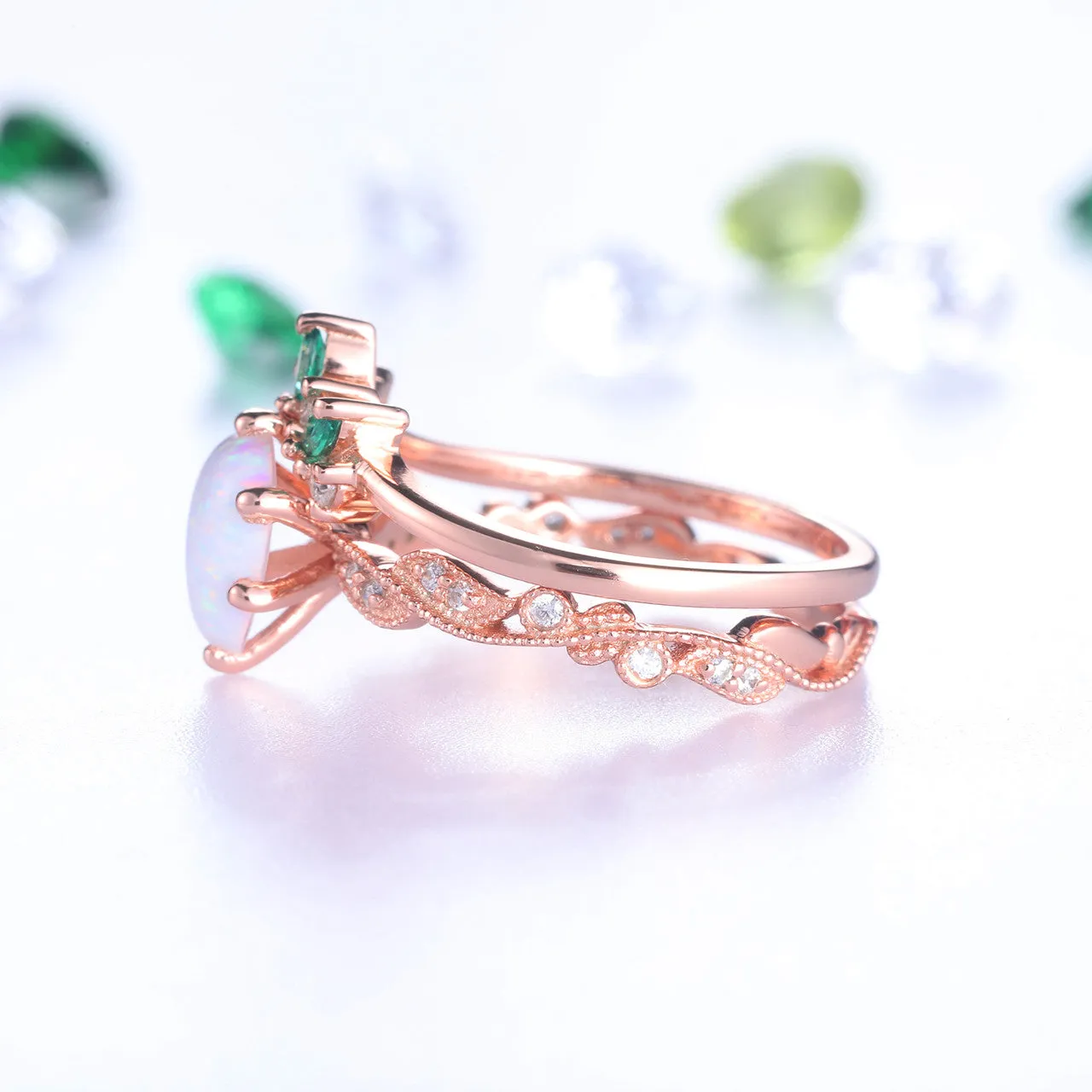 Opal Ring set,Opal Engagement Ring,Pear Cut Opal,Emerald Diamond Matching Band,Rose Gold