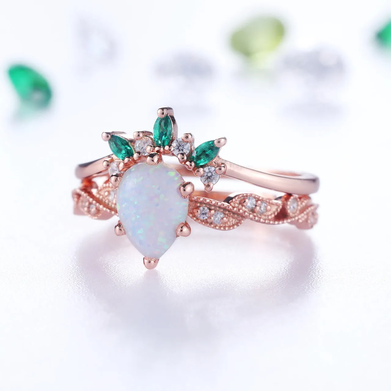 Opal Ring set,Opal Engagement Ring,Pear Cut Opal,Emerald Diamond Matching Band,Rose Gold