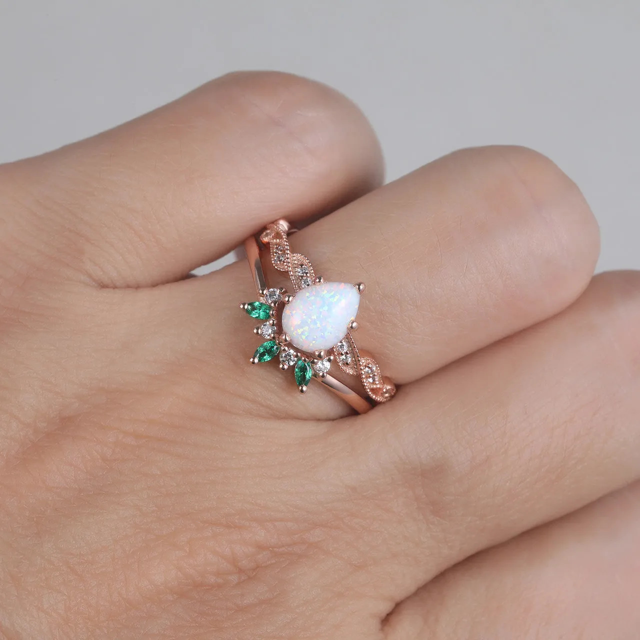 Opal Ring set,Opal Engagement Ring,Pear Cut Opal,Emerald Diamond Matching Band,Rose Gold