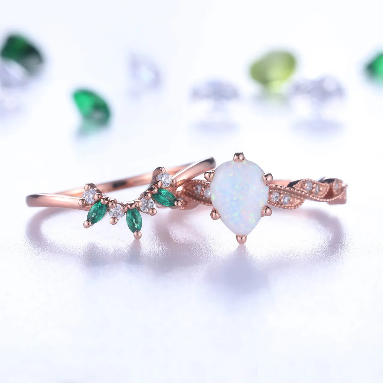 Opal Ring set,Opal Engagement Ring,Pear Cut Opal,Emerald Diamond Matching Band,Rose Gold