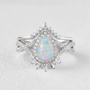 Pear Opal Halo Stacking Engagement Ring Set 2pcs