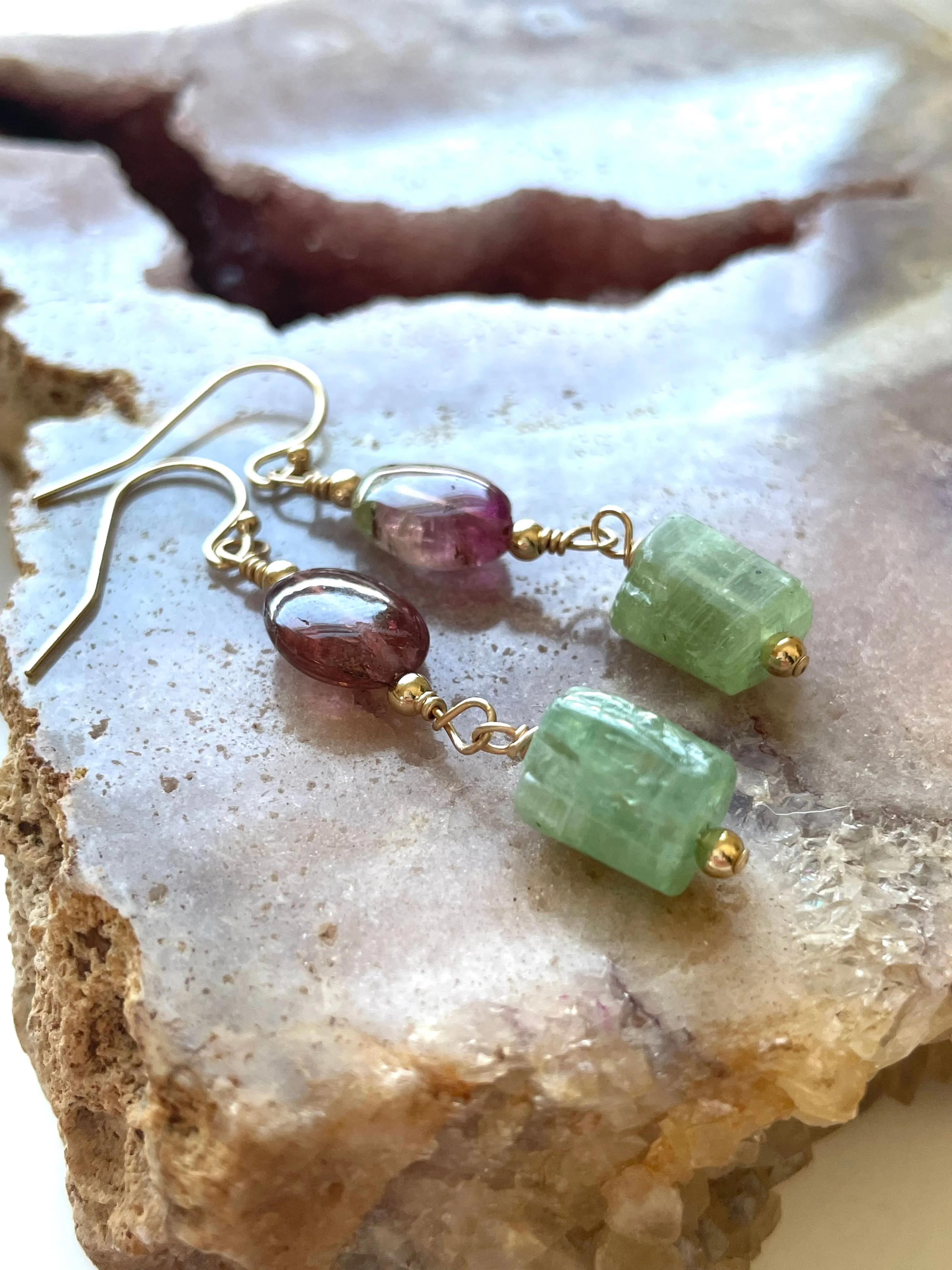 Pink Tourmaline and Green Kyanite Crystal Earrings on Gold Filled