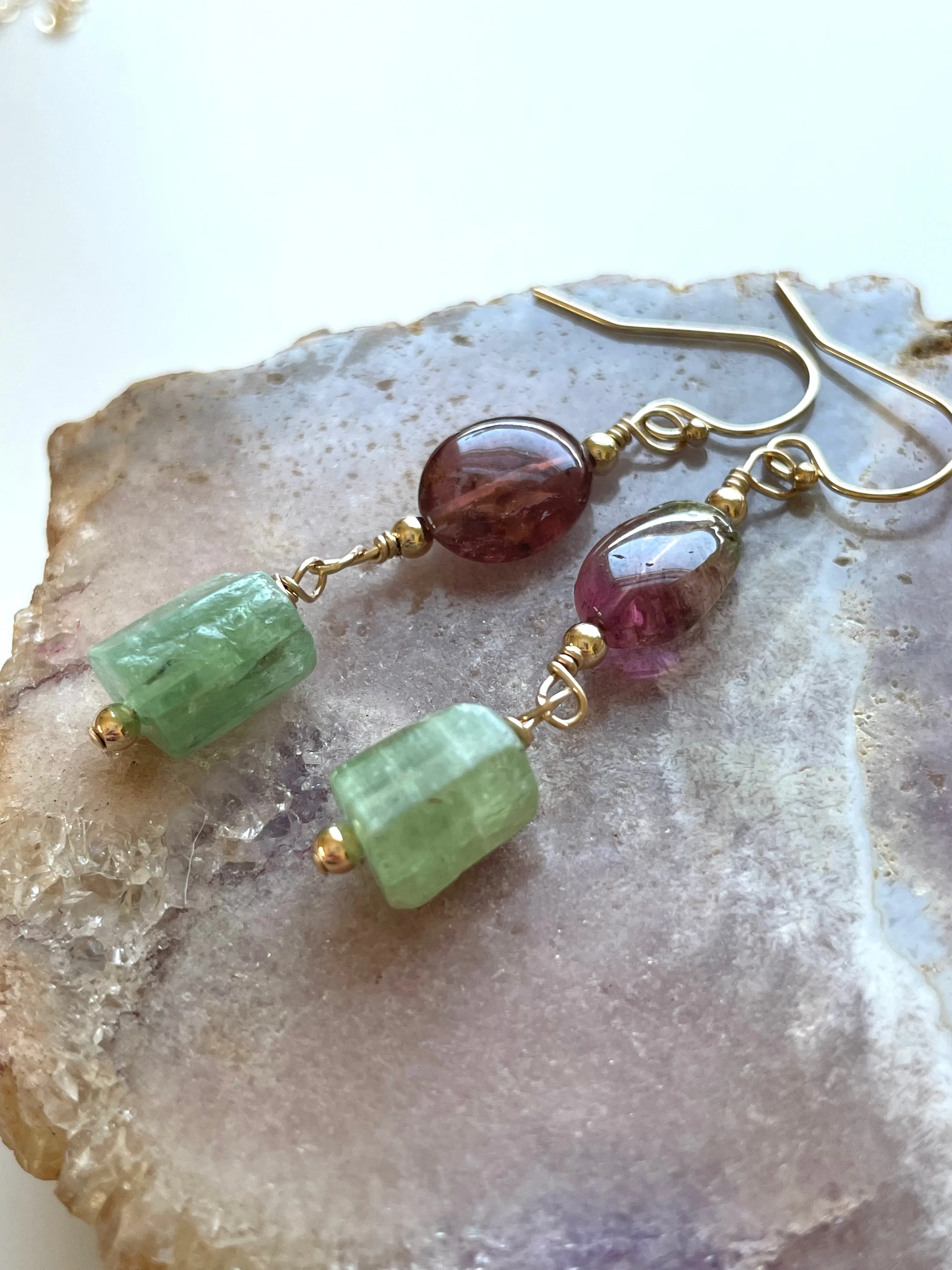 Pink Tourmaline and Green Kyanite Crystal Earrings on Gold Filled