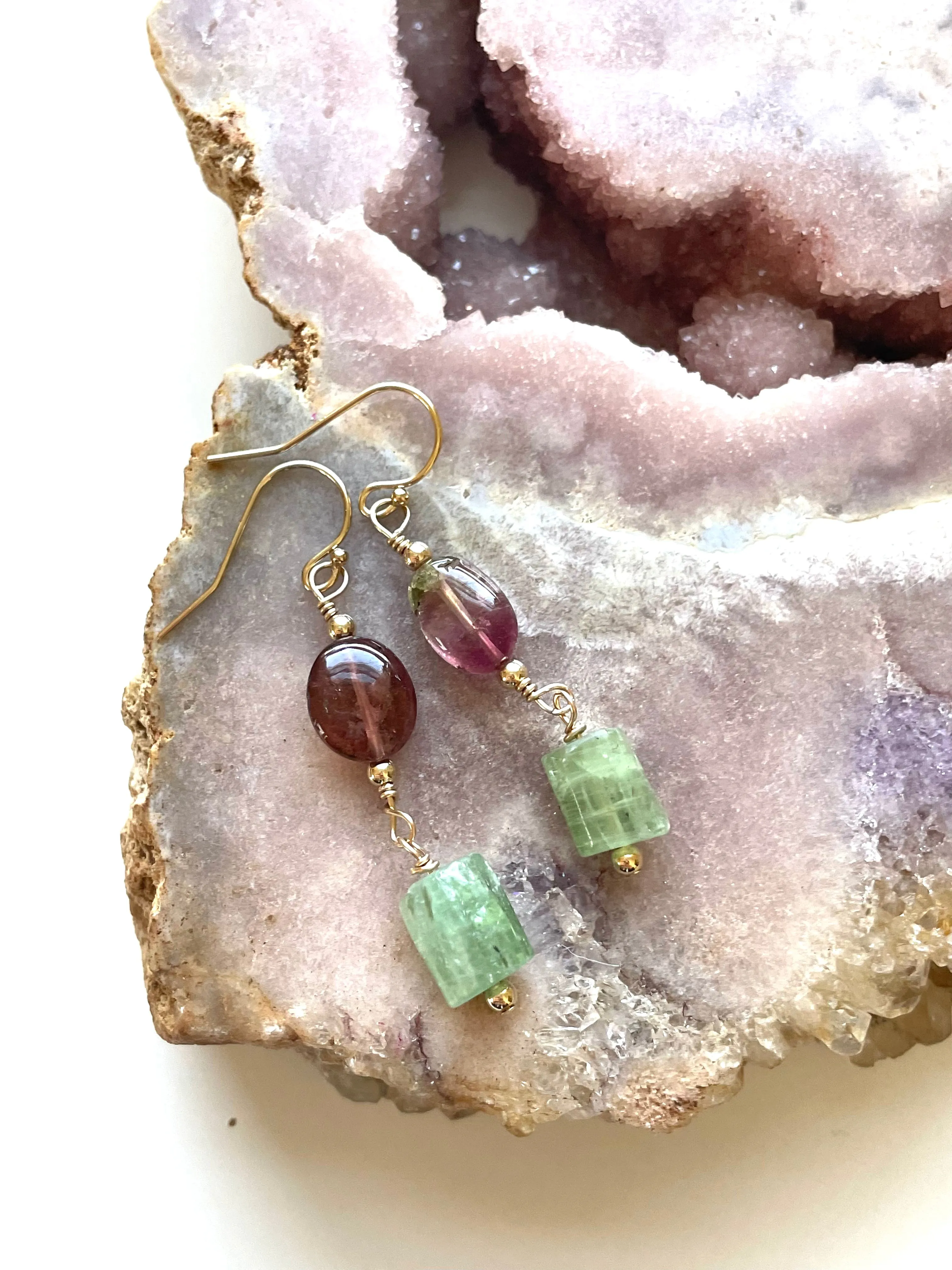 Pink Tourmaline and Green Kyanite Crystal Earrings on Gold Filled