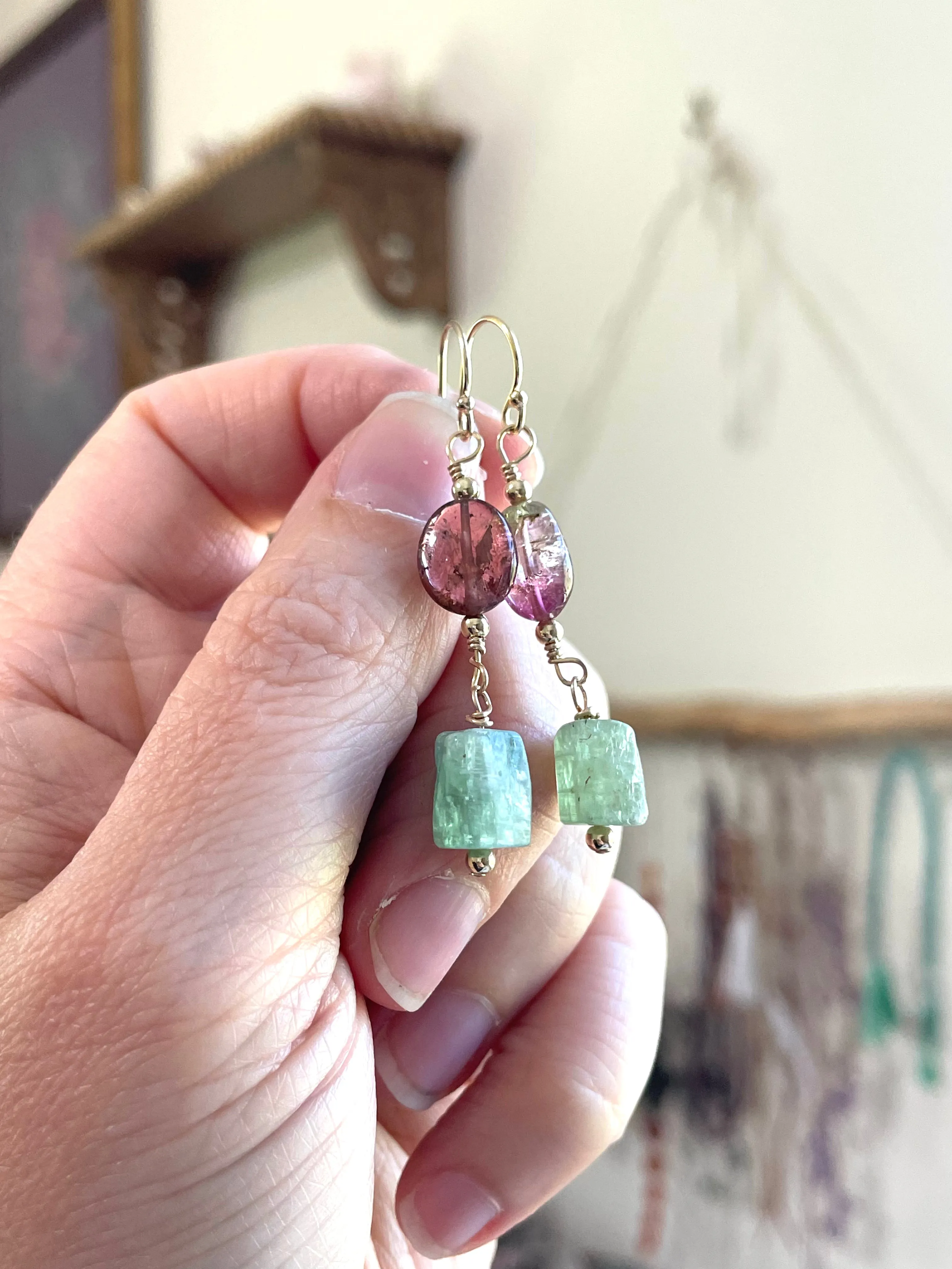 Pink Tourmaline and Green Kyanite Crystal Earrings on Gold Filled