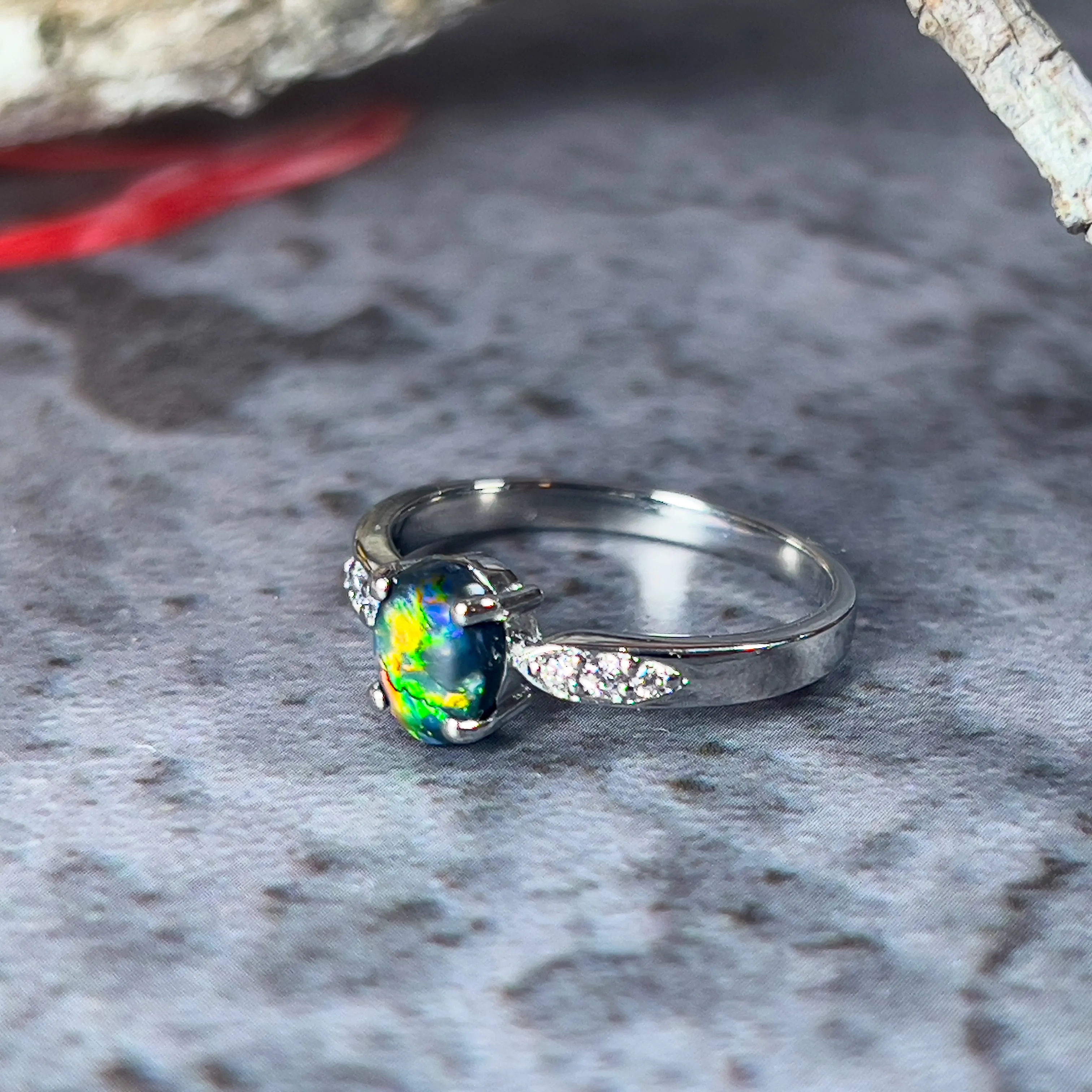 Platinum Black Opal Ring with Pink Diamonds for Women - Silver & Gold Opal Jewelry Elegance