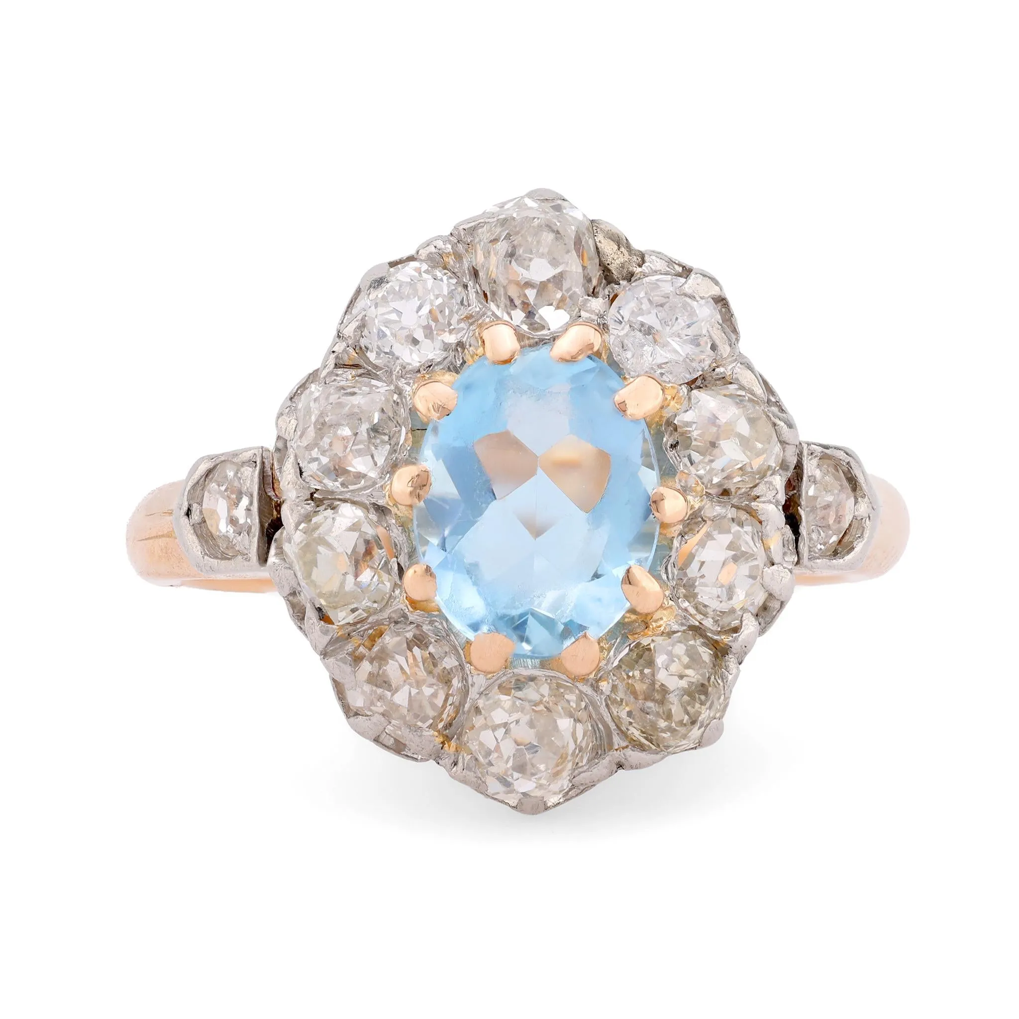 Precious antique aquamarine diamond 18k rose gold and silver cluster ring