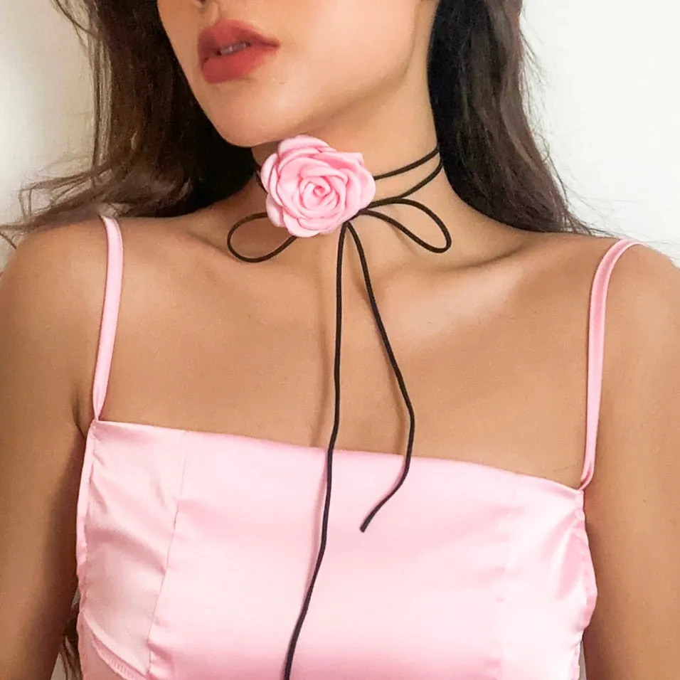 Purpdrank - Romantic Gothic Big Rose Flower Clavicle Chain Necklace for Women Ladies Korean Fashion Adjustable Rope Choker Y2K Accessories