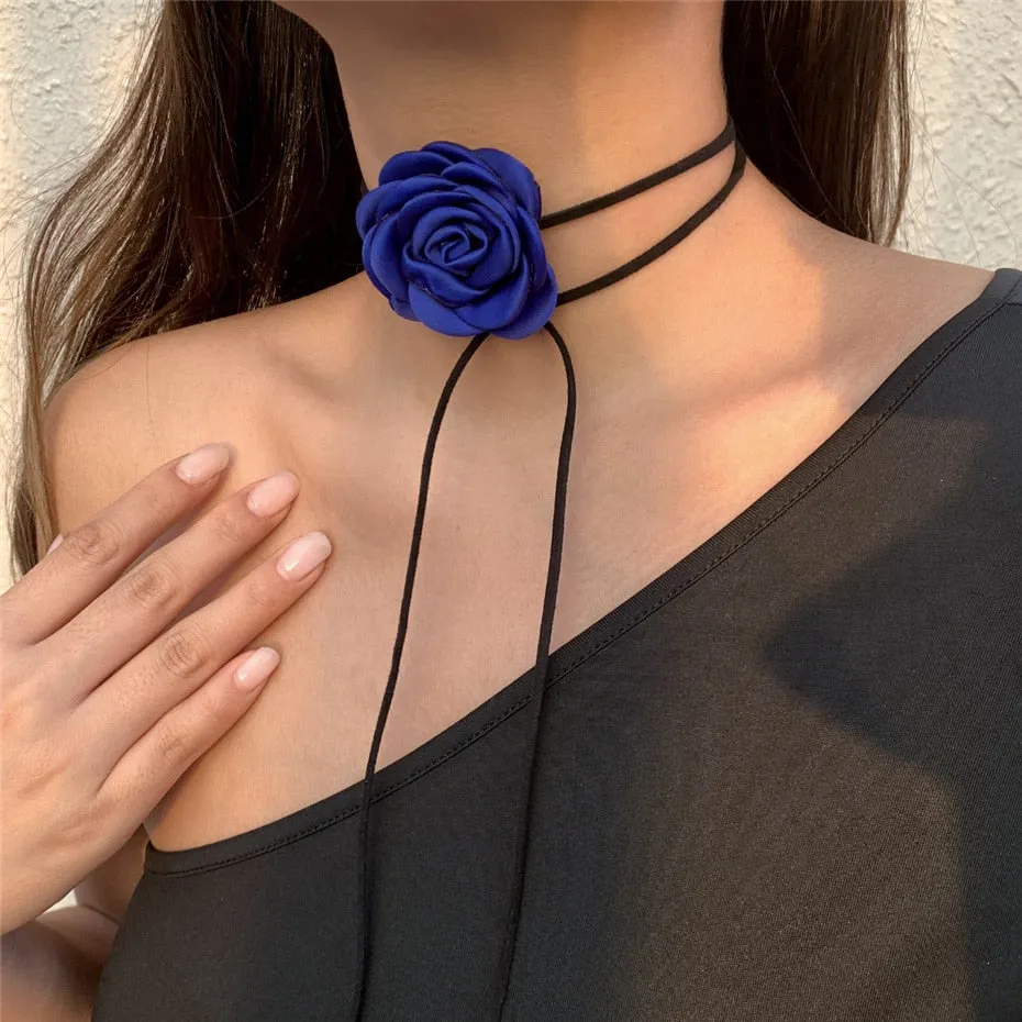 Purpdrank - Romantic Gothic Big Rose Flower Clavicle Chain Necklace for Women Ladies Korean Fashion Adjustable Rope Choker Y2K Accessories