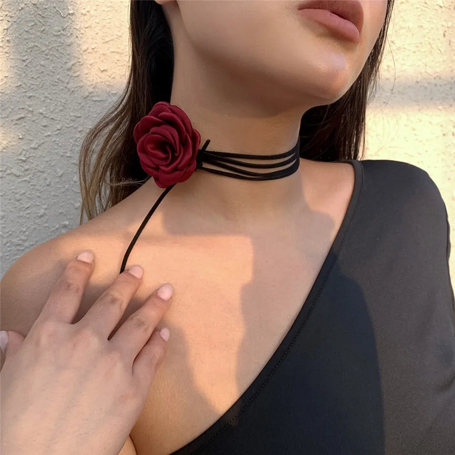 Purpdrank - Romantic Gothic Big Rose Flower Clavicle Chain Necklace for Women Ladies Korean Fashion Adjustable Rope Choker Y2K Accessories