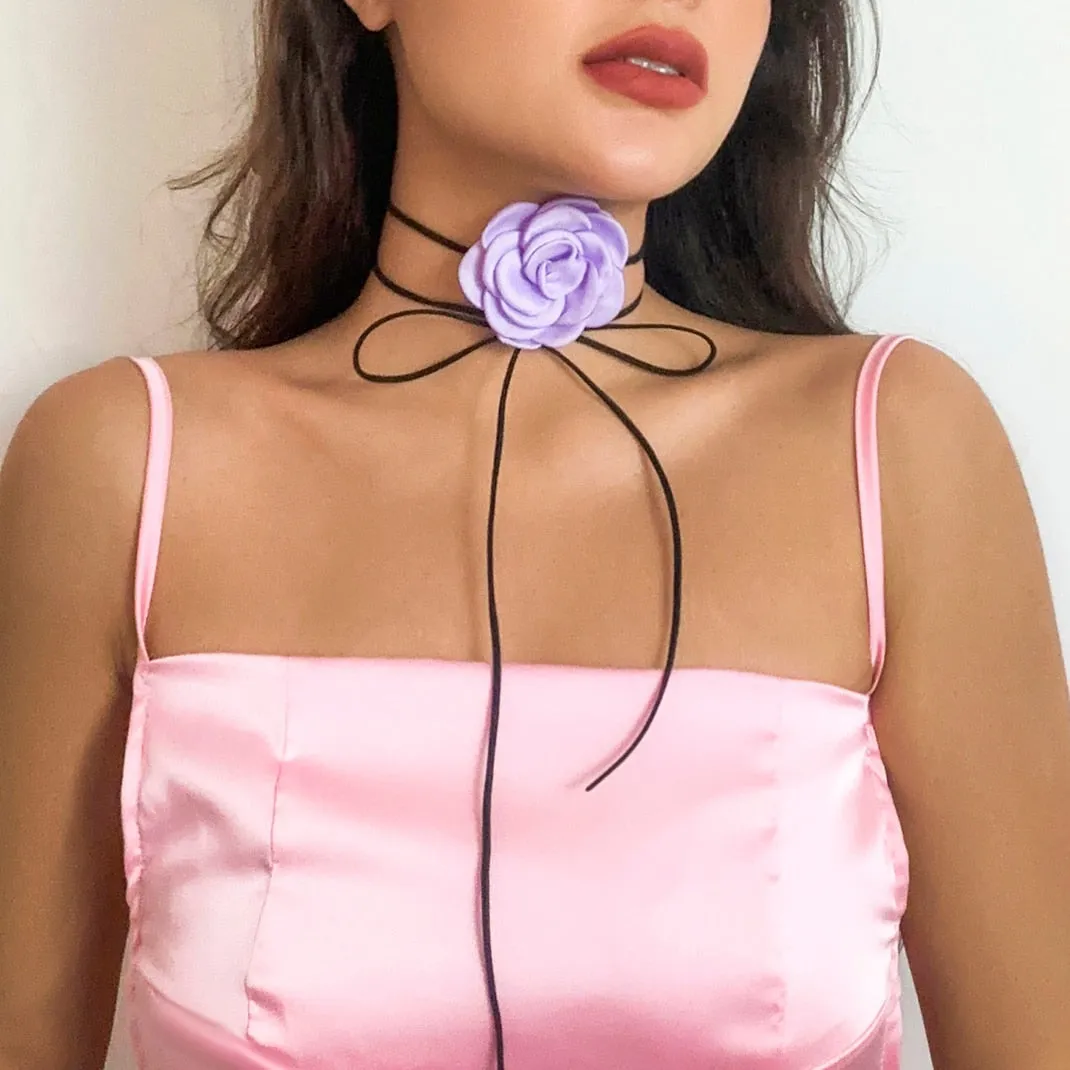 Purpdrank - Romantic Gothic Big Rose Flower Clavicle Chain Necklace for Women Ladies Korean Fashion Adjustable Rope Choker Y2K Accessories