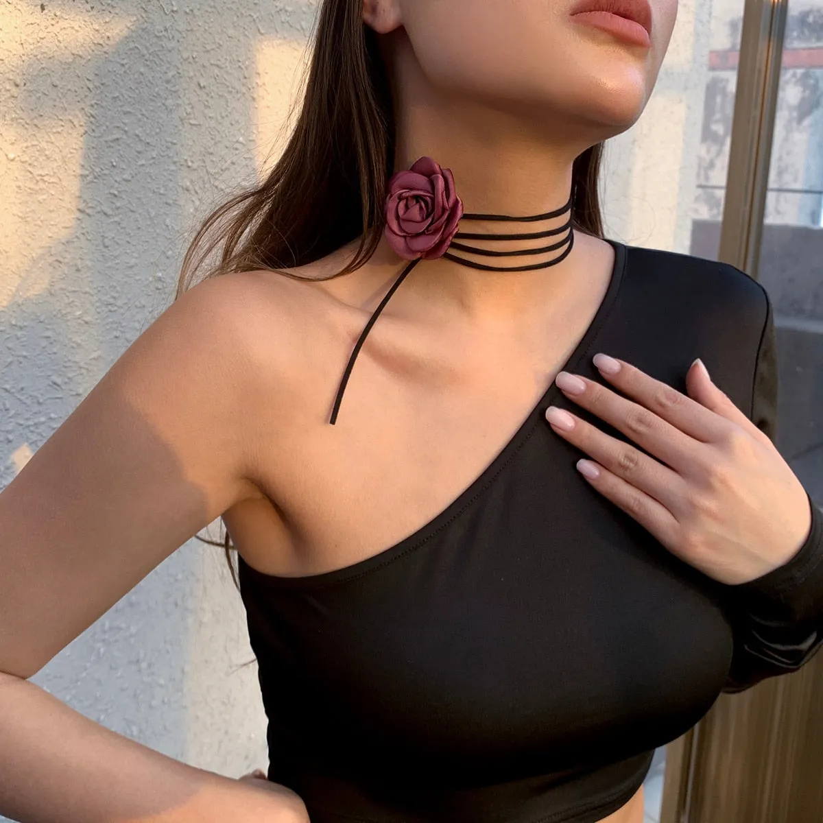 Purpdrank - Romantic Gothic Big Rose Flower Clavicle Chain Necklace for Women Ladies Korean Fashion Adjustable Rope Choker Y2K Accessories