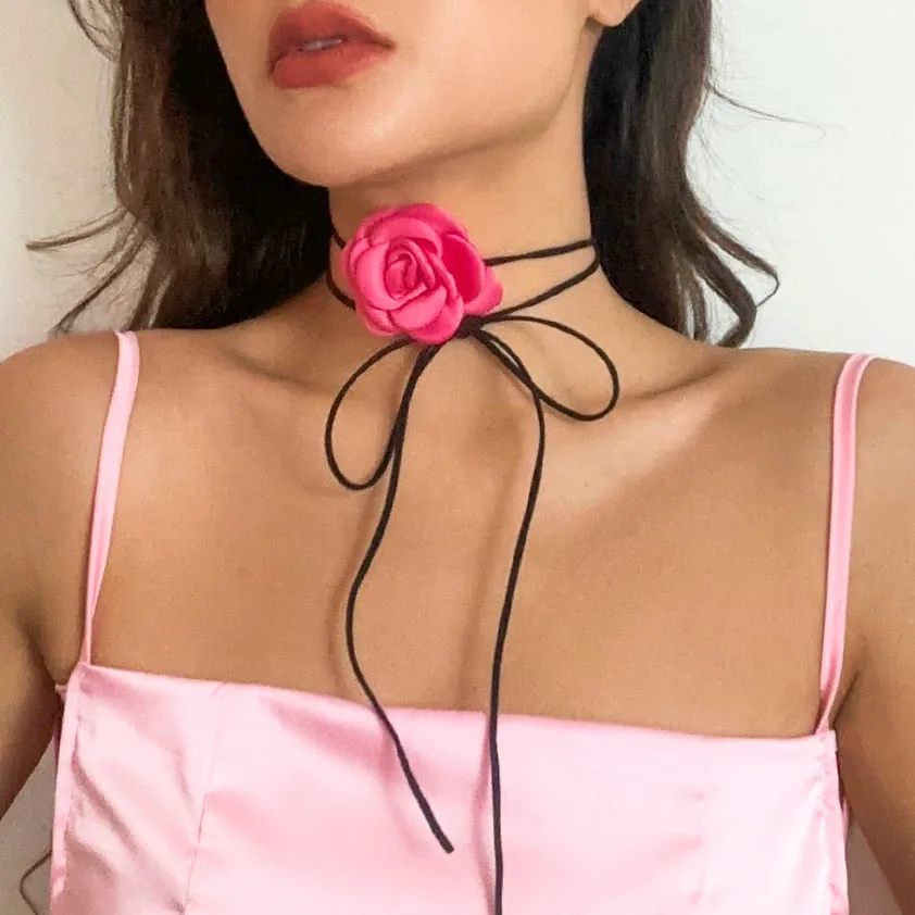 Purpdrank - Romantic Gothic Big Rose Flower Clavicle Chain Necklace for Women Ladies Korean Fashion Adjustable Rope Choker Y2K Accessories