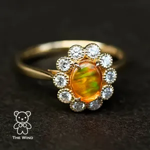 Rainbow Stripe Mexican Fire Opal & Halo Diamond Engagement Ring 18K Yellow Gold