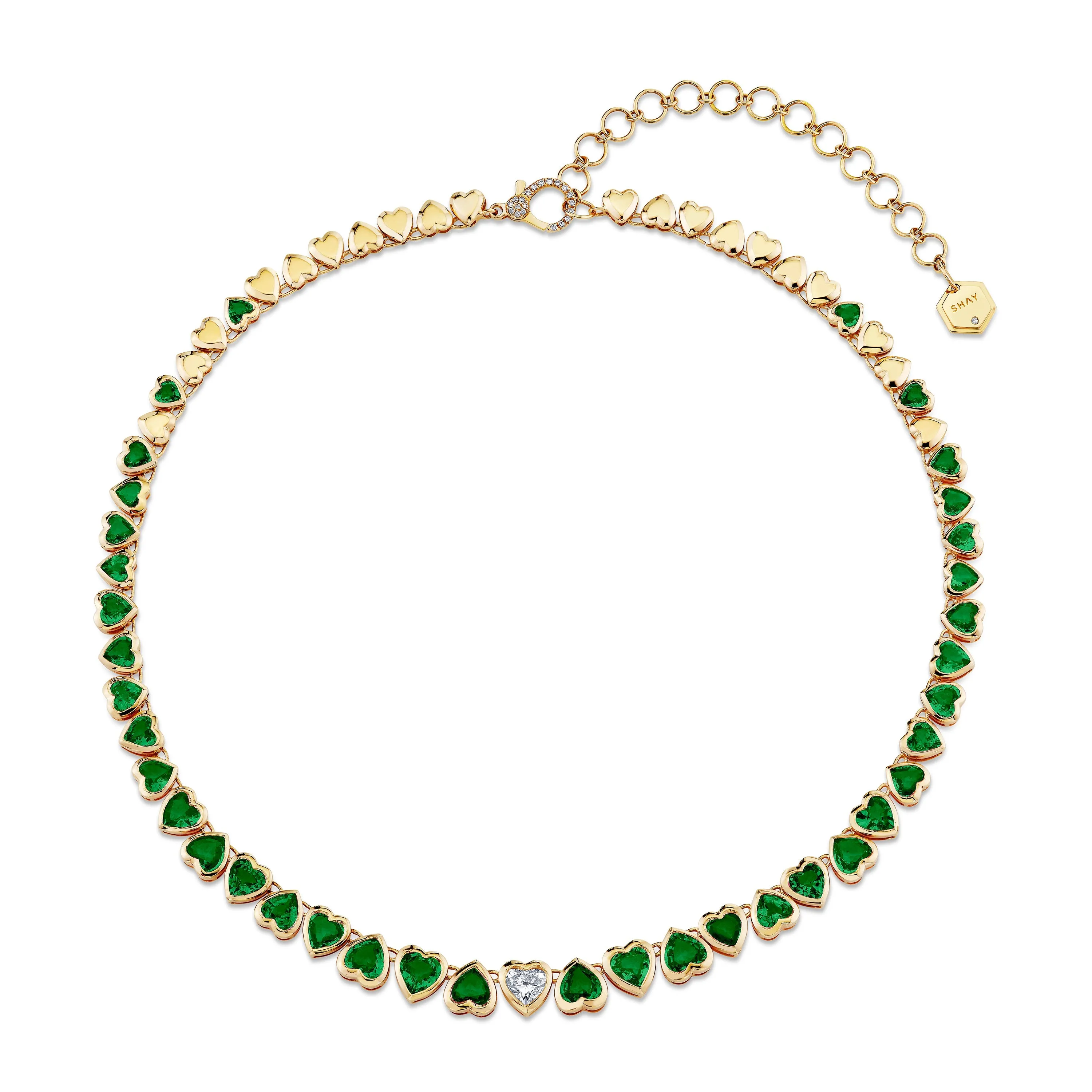 READY TO SHIP EMERALD & DIAMOND HEART BEZEL TENNIS NECKLACE