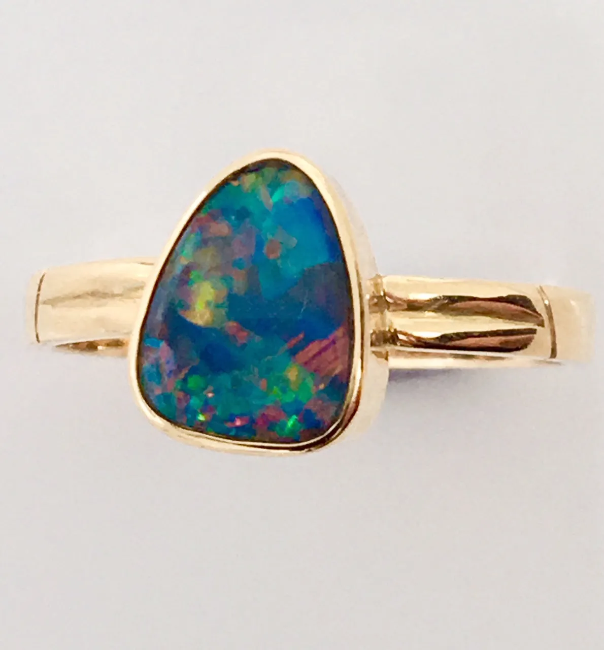 Red  Multi Coloured solid  boulder opal from Quilpie , 18K Ring