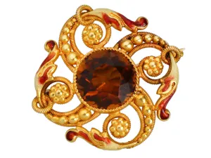 Riker Brothers Enamel & Smoky Quartz Brooch