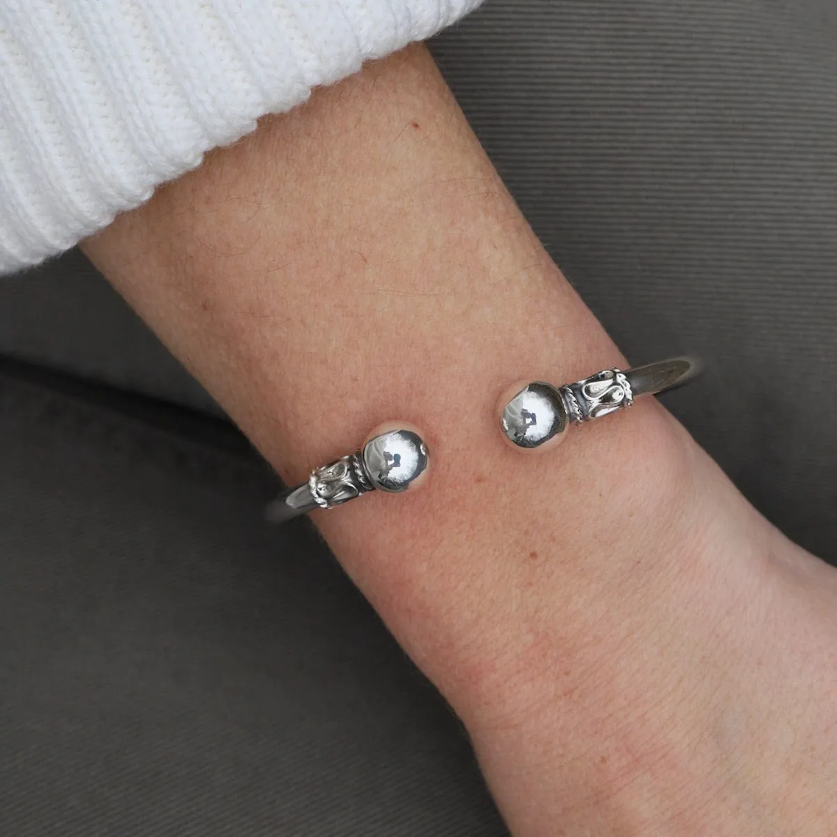 Round Tube with Ball Ends Sterling Silver Cuff