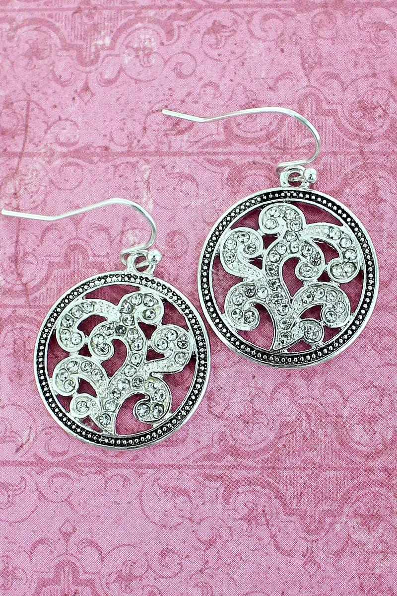 SALE! Silvertone Encircled Crystal Scroll Earrings