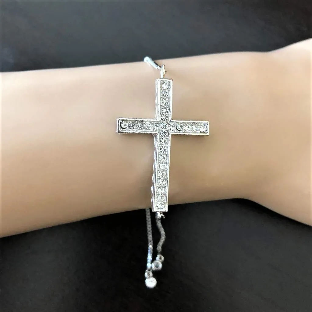 Silver Crystal Cross Adjustable Bracelet