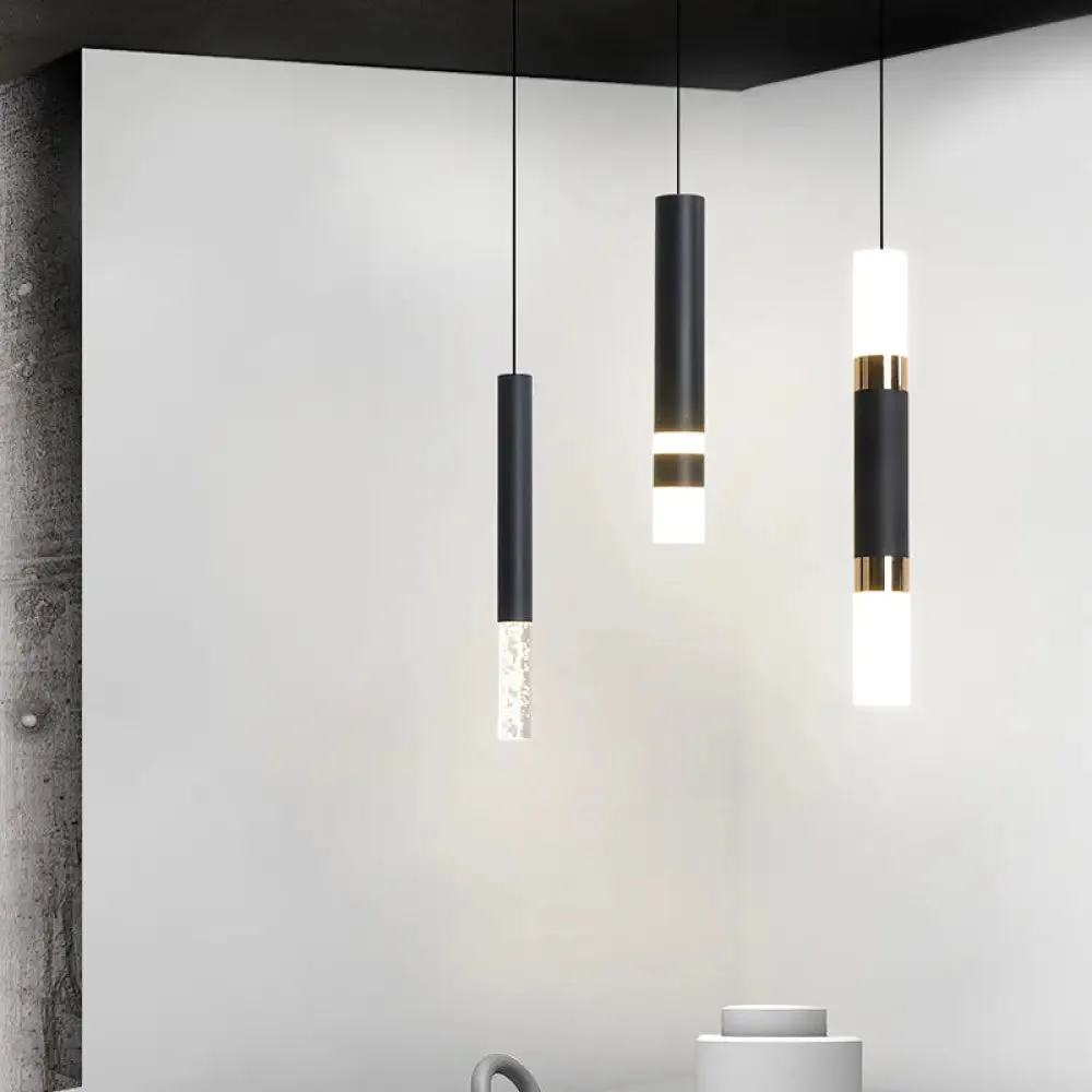 Simple Black Tube Pendant Light with Acrylic LED, Warm/White Light, 3 Size Options