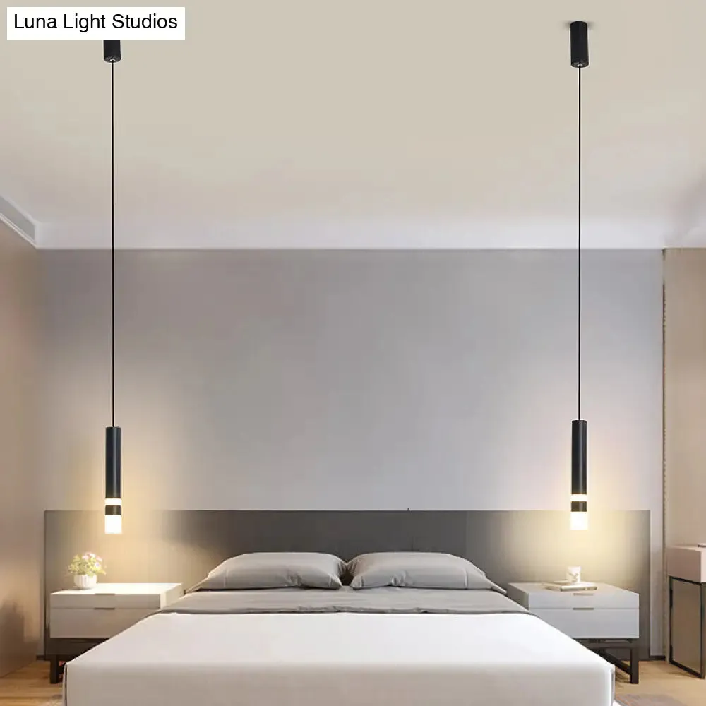 Simple Black Tube Pendant Light with Acrylic LED, Warm/White Light, 3 Size Options