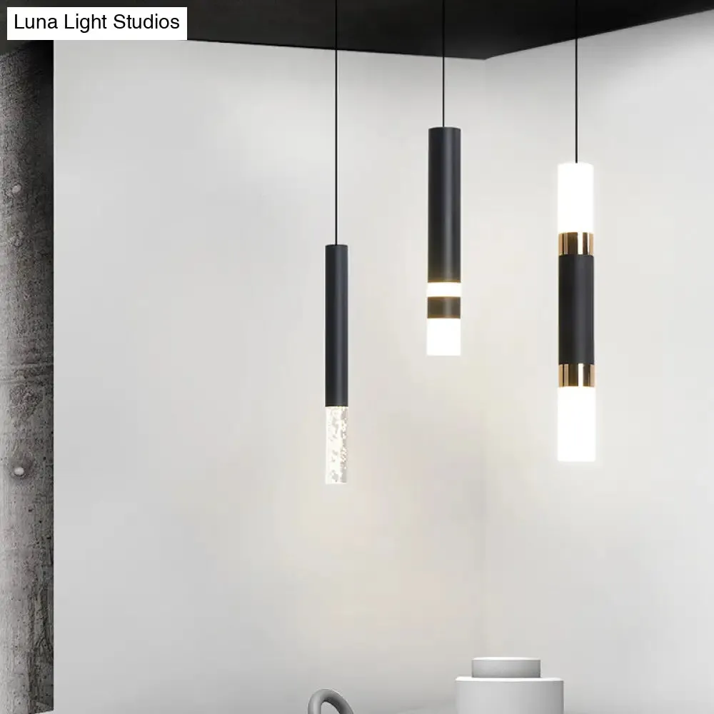 Simple Black Tube Pendant Light with Acrylic LED, Warm/White Light, 3 Size Options