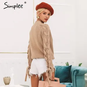 Simplee O neck knitted women sweater Lace up cute pullover and sweaters Winter 2018 female jumper elegant ladies tops jumper