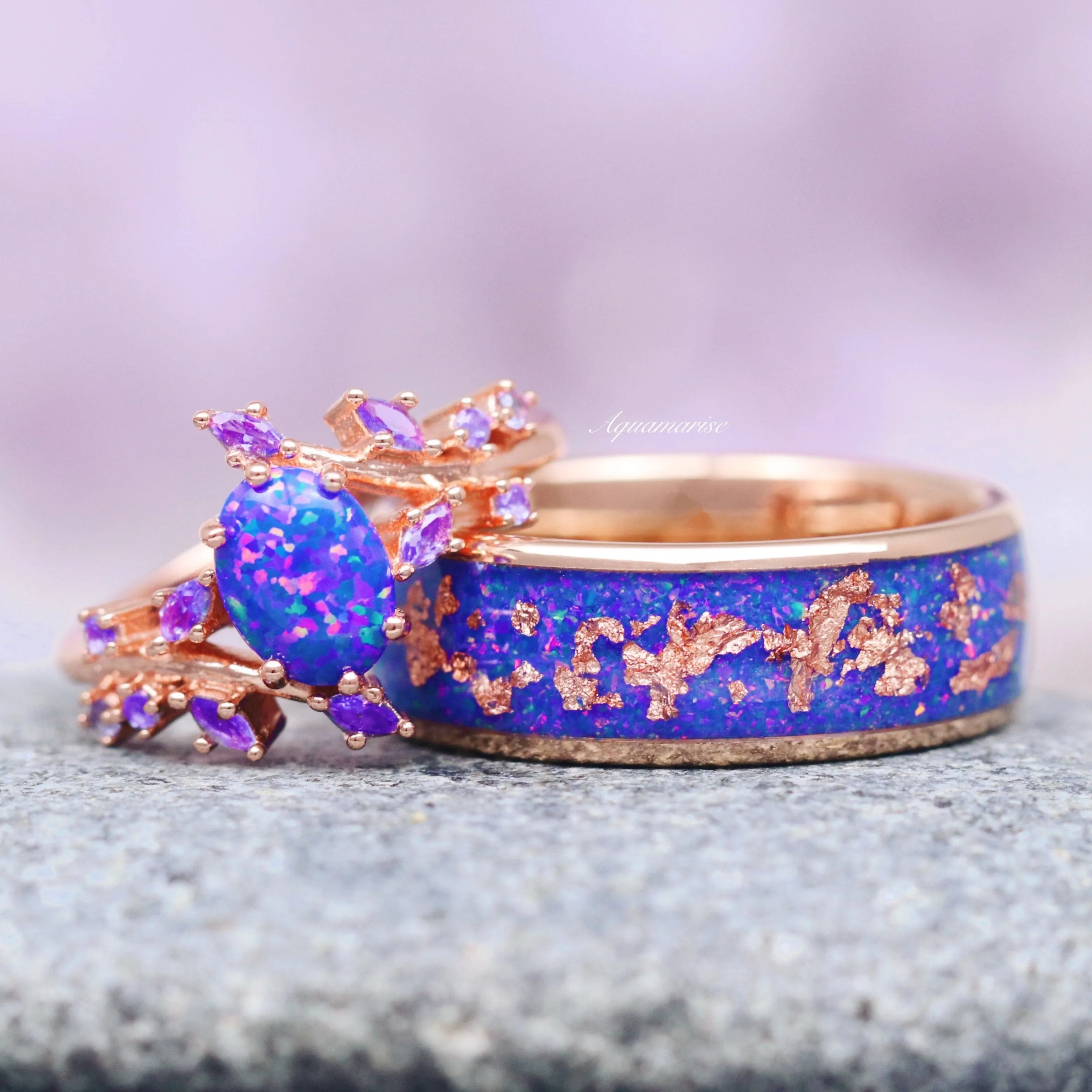 Starry Night Van Gogh Fire Opal & Rose Gold Leaf Couples Ring