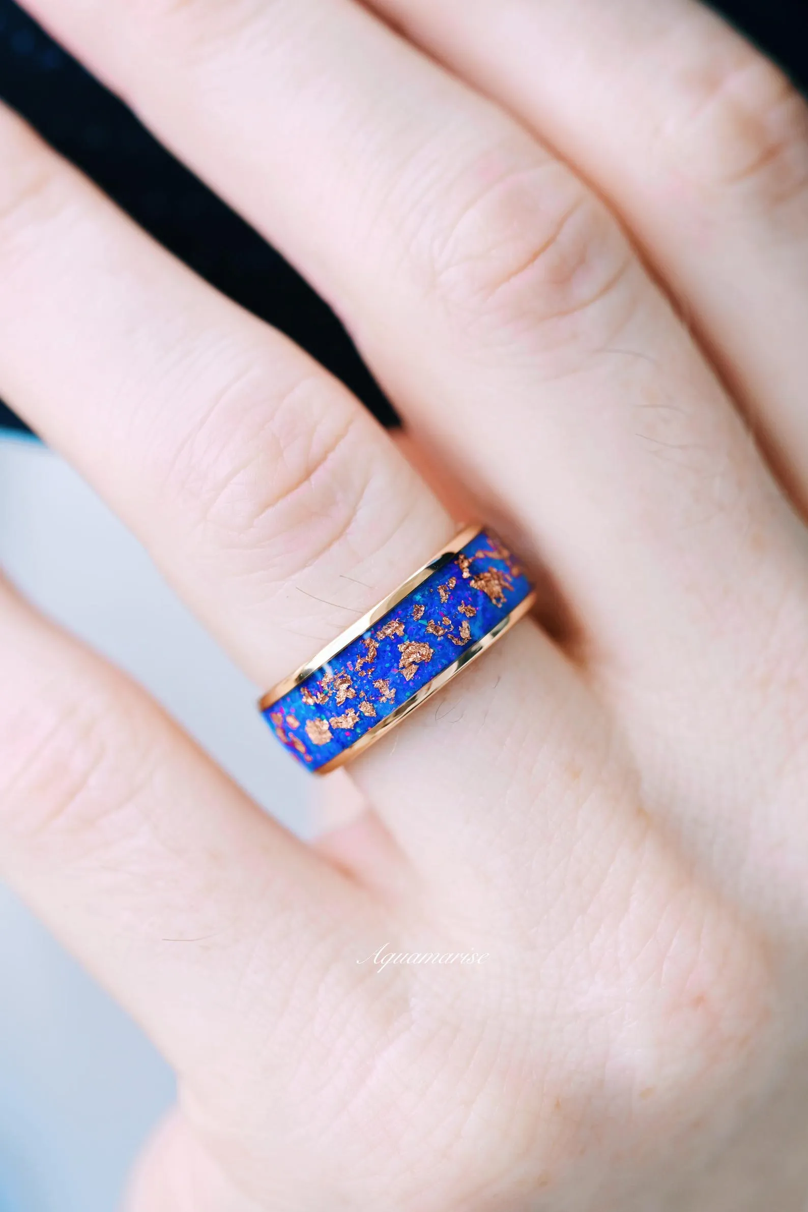 Starry Night Van Gogh Fire Opal & Rose Gold Leaf Couples Ring